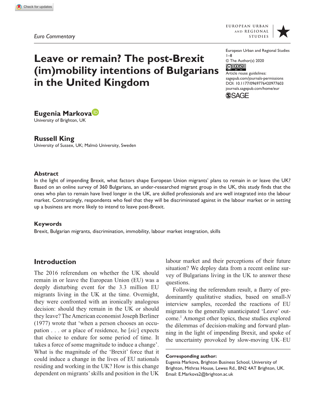 Leave Or Remain? the Post-Brexit (Im)Mobility Intentions of Bulgarians