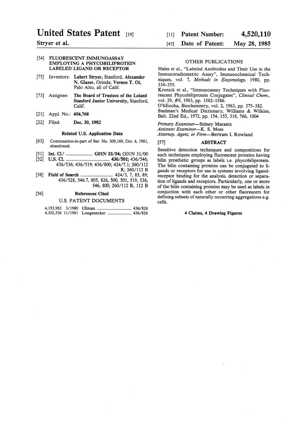 United States Patent (19) 11) Patent Number: 4,520,110 Stryer Et Al