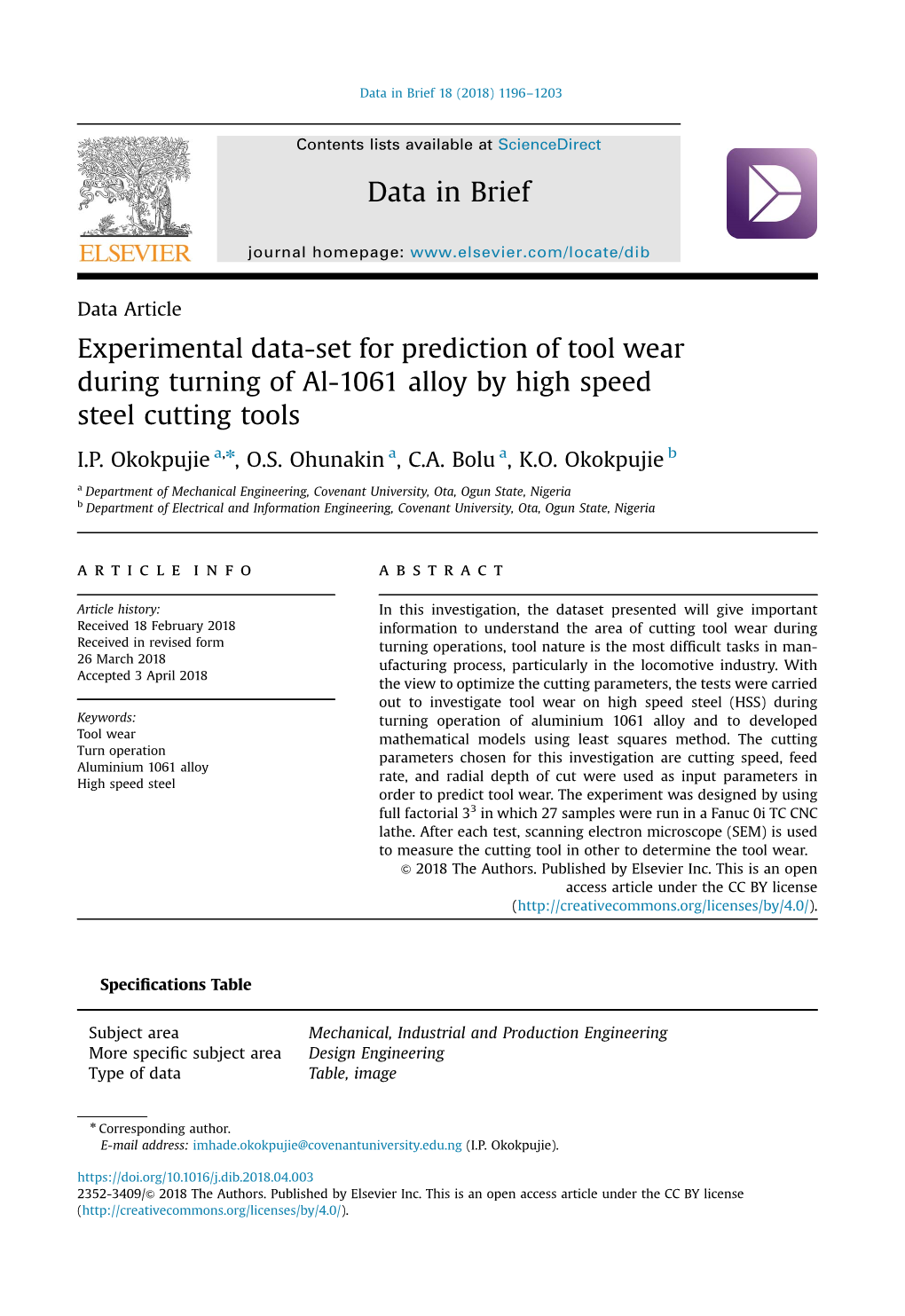 Experimental Data-Set for Prediction of Tool Wear During Turning of Al-1061 Alloy by High Speed Steel Cutting Tools