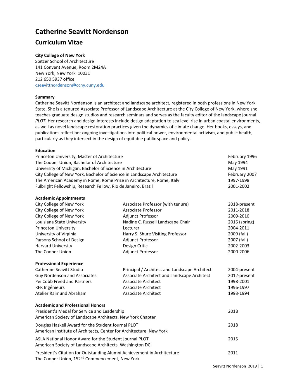 Catherine Seavitt Nordenson Curriculum Vitae