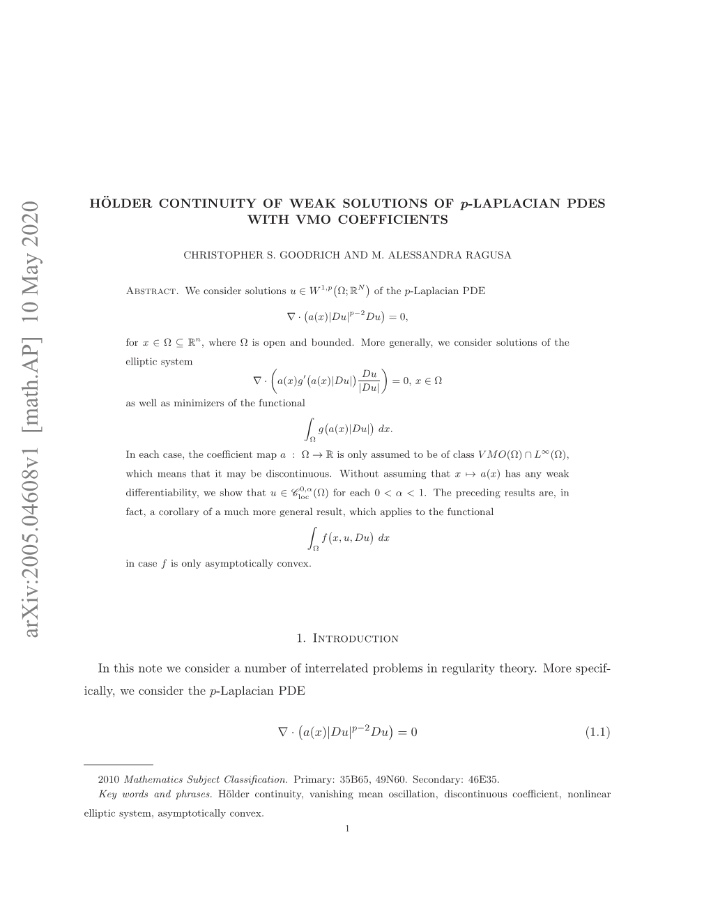 Arxiv:2005.04608V1 [Math.AP] 10 May 2020 Litcsse,Aypoial Convex