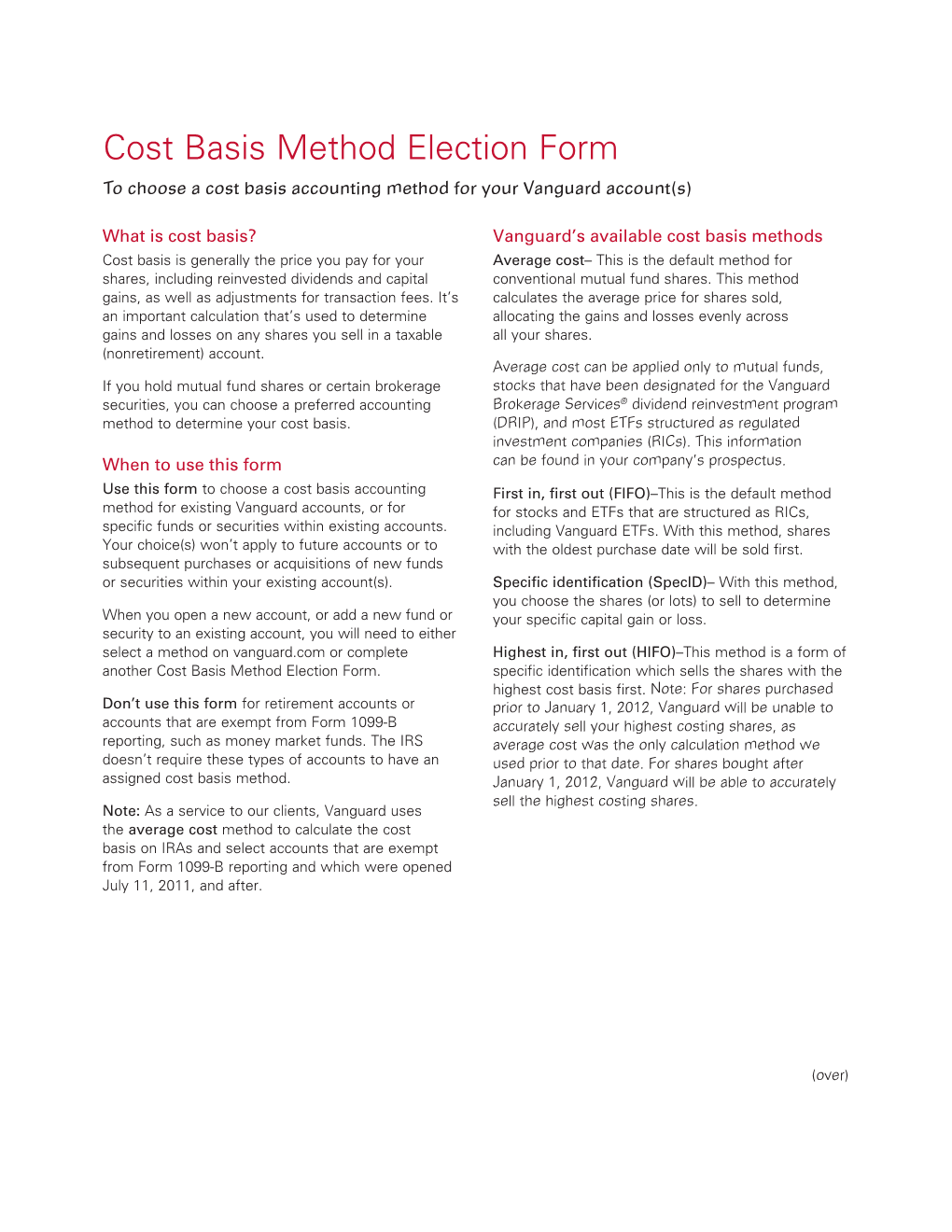 Cost Basis Method Election Form to Choose a Cost Basis Accounting Method for Your Vanguard Account(S)