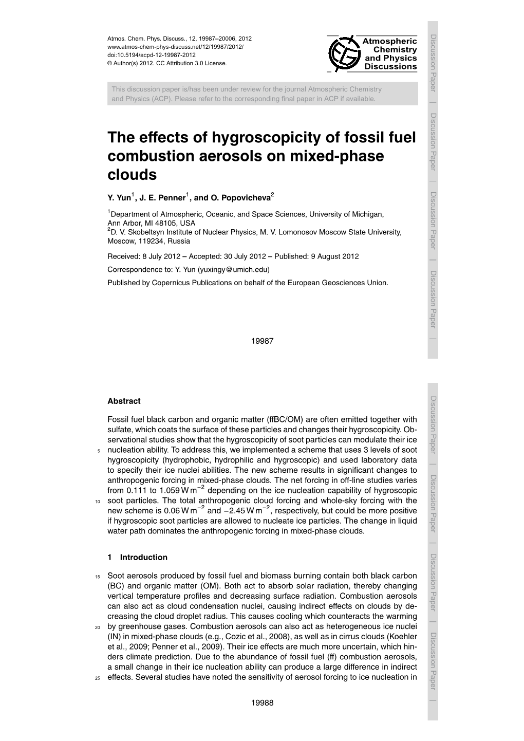 The Effects of Hygroscopicity of Fossil Fuel Combustion Aerosols on Mixed