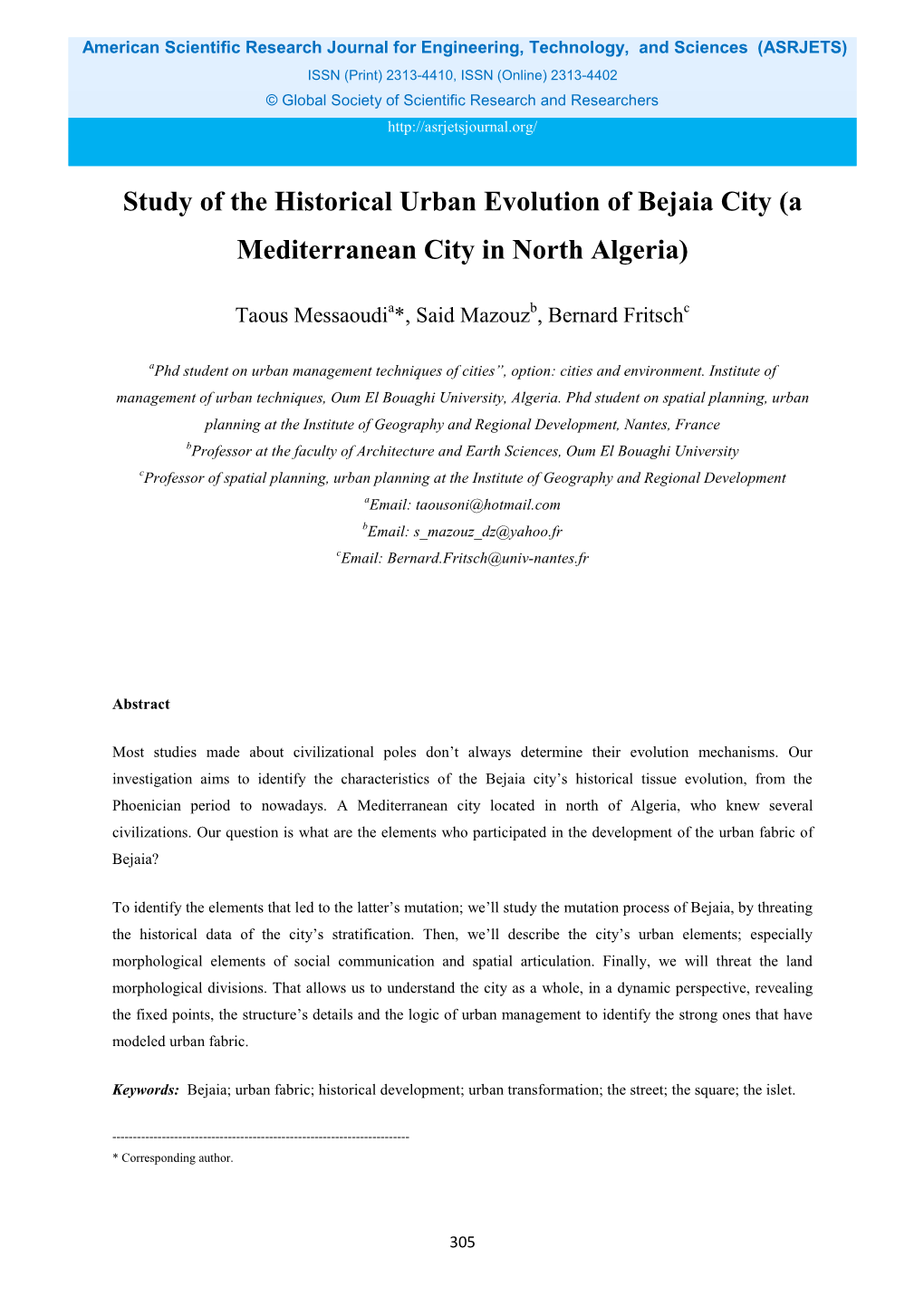 Study of the Historical Urban Evolution of Bejaia City (A Mediterranean City in North Algeria)