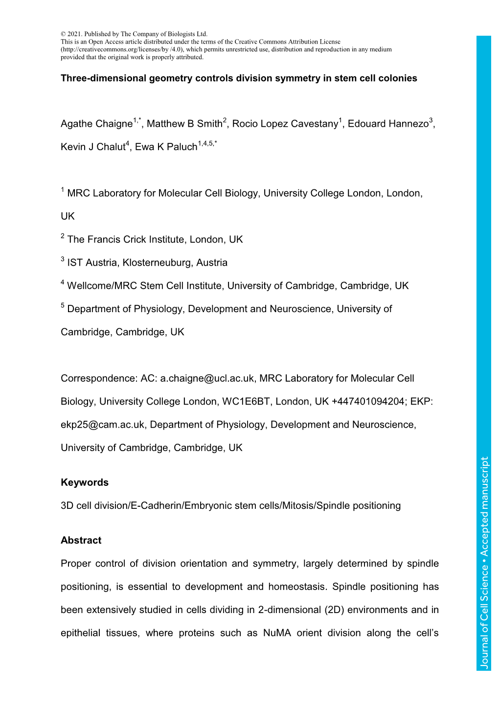 Journal of Cell Science • Accepted Manuscript Interphase Long Axis