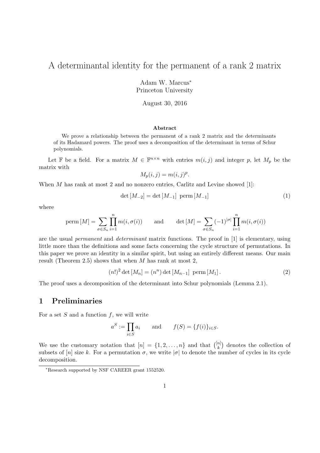 A Determinantal Identity for the Permanent of a Rank 2 Matrix