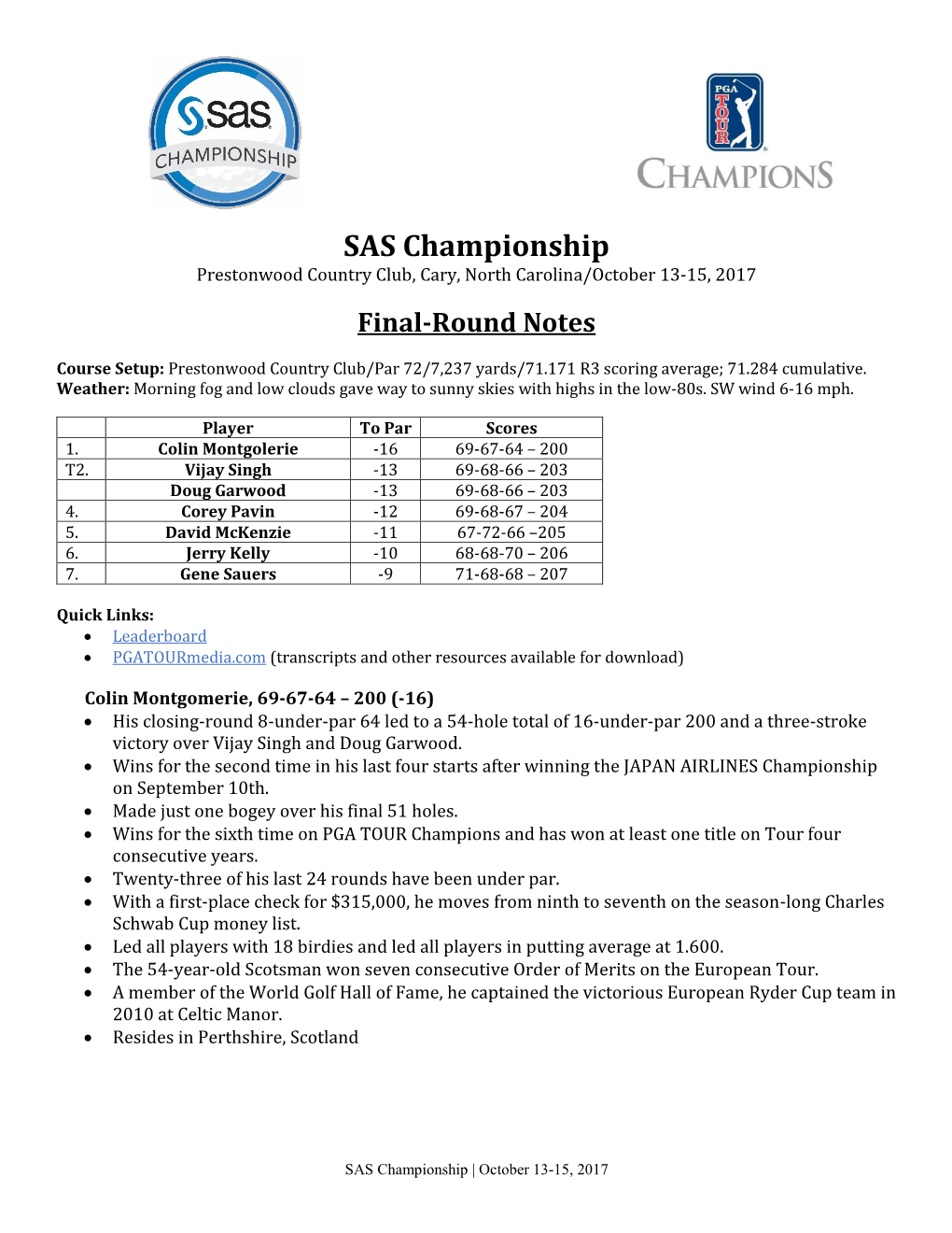 SAS Championship Prestonwood Country Club, Cary, North Carolina/October 13-15, 2017