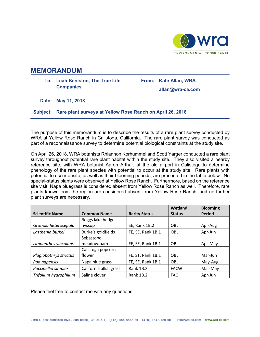 MEMORANDUM To: Leah Beniston, the True Life From: Kate Allan, WRA Companies Allan@Wra-Ca.Com