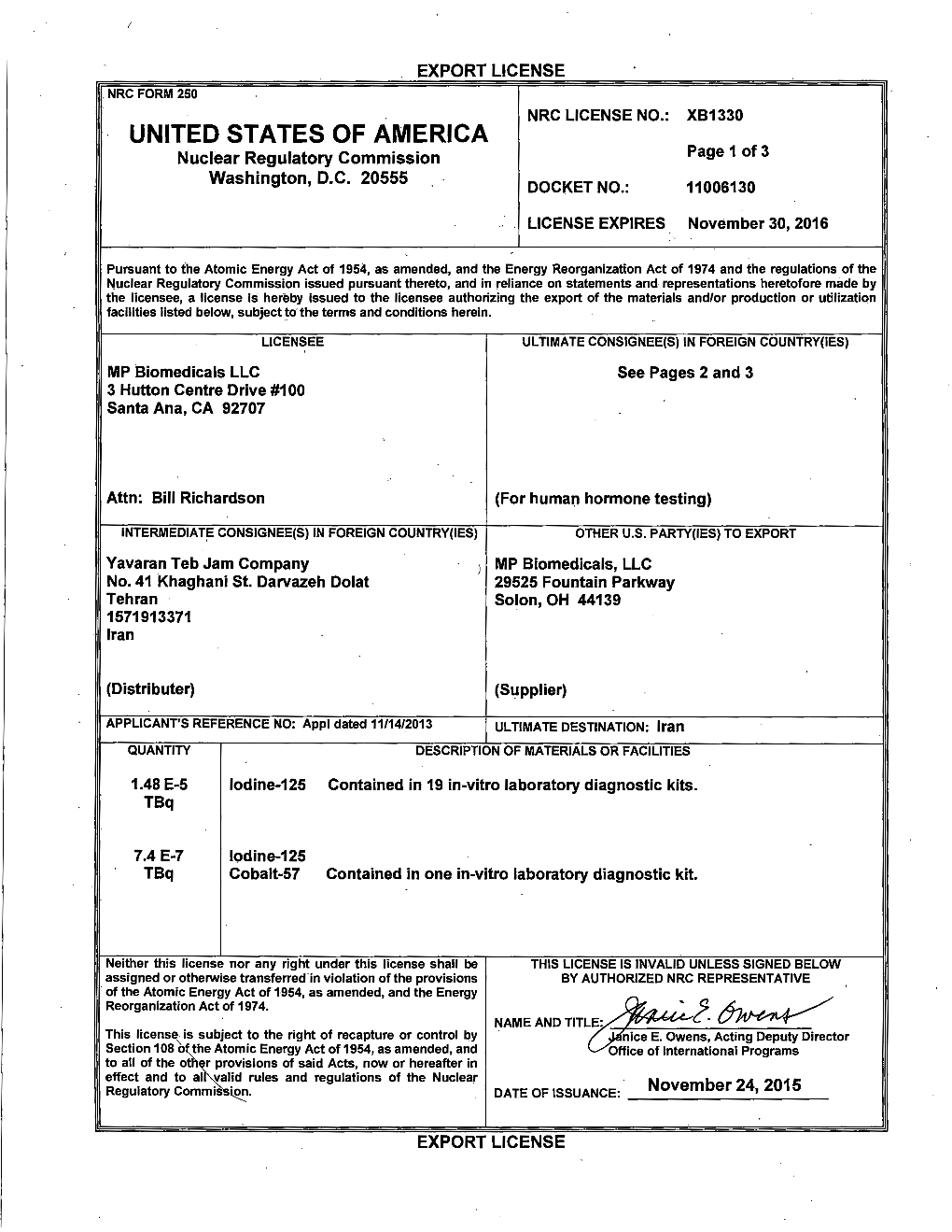 Export License Issued to MP Biomedicals LLC, XB1330, Dated November 24, 2015