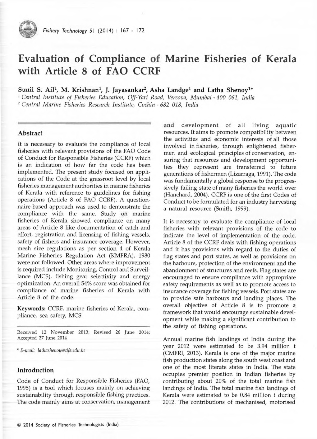 Evaluation of Compliance of Marine Fisheries of Kerala with Article 8 of FAO CCRF