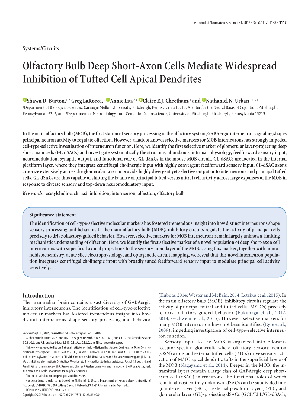 Olfactory Bulb Deep Short-Axon Cells Mediate Widespread Inhibition of Tufted Cell Apical Dendrites