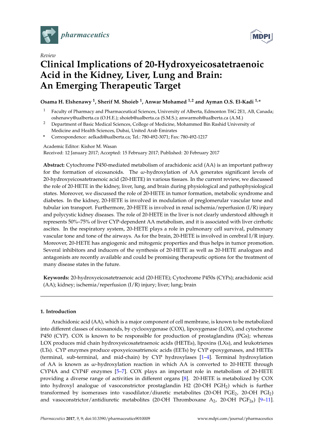 Clinical Implications of 20-Hydroxyeicosatetraenoic Acid in the Kidney, Liver, Lung and Brain: an Emerging Therapeutic Target