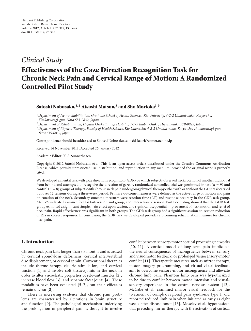 Effectiveness of the Gaze Direction Recognition Task for Chronic Neck Pain and Cervical Range of Motion: a Randomized Controlled Pilot Study