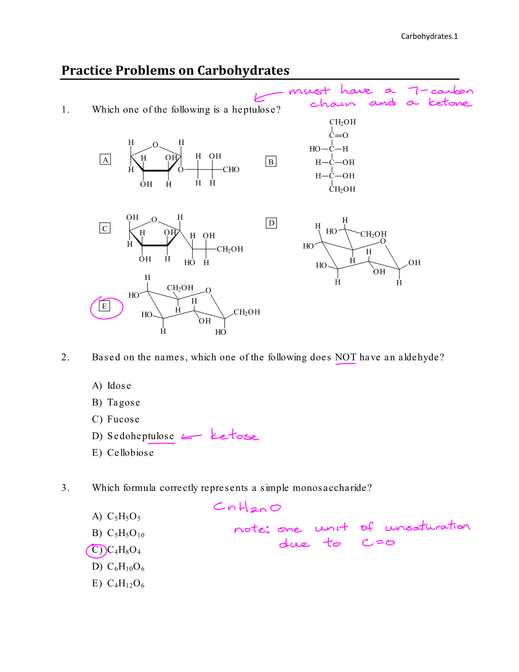 Practice Problems on Carbohydrates