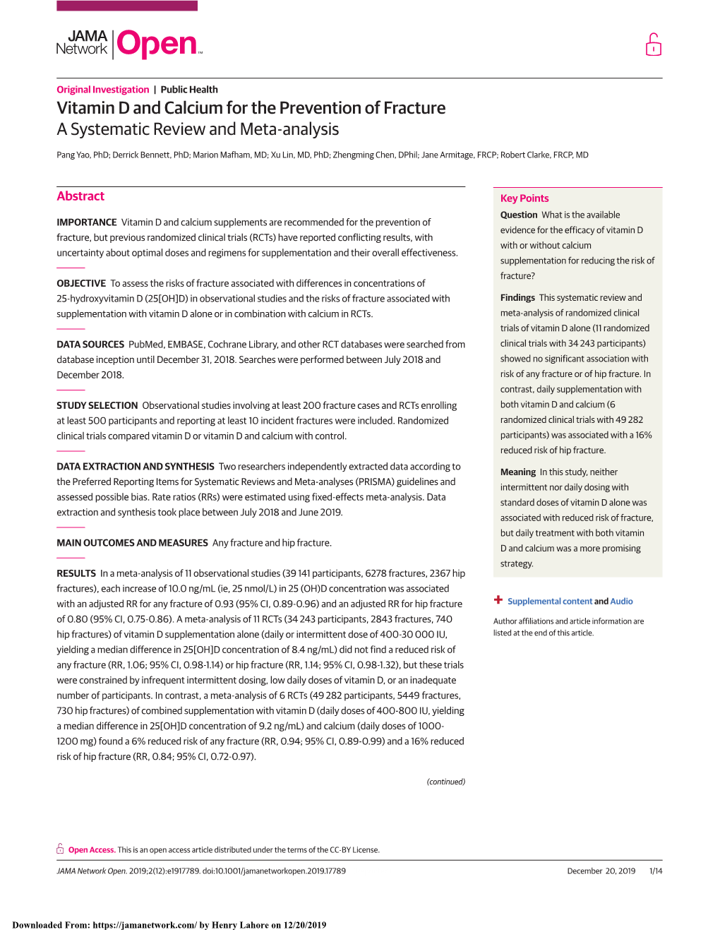 Vitamin D and Calcium for the Prevention of Fracture: A