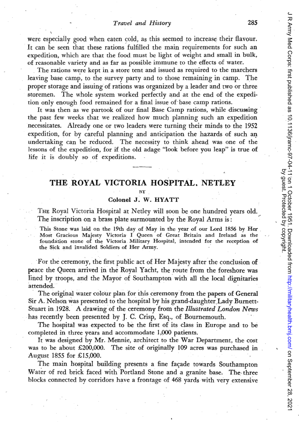 THE ROYAL VICTORIA HOSPITAL. NETLEY IW Colonel J