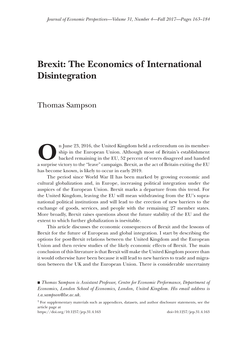Brexit: the Economics of International Disintegration