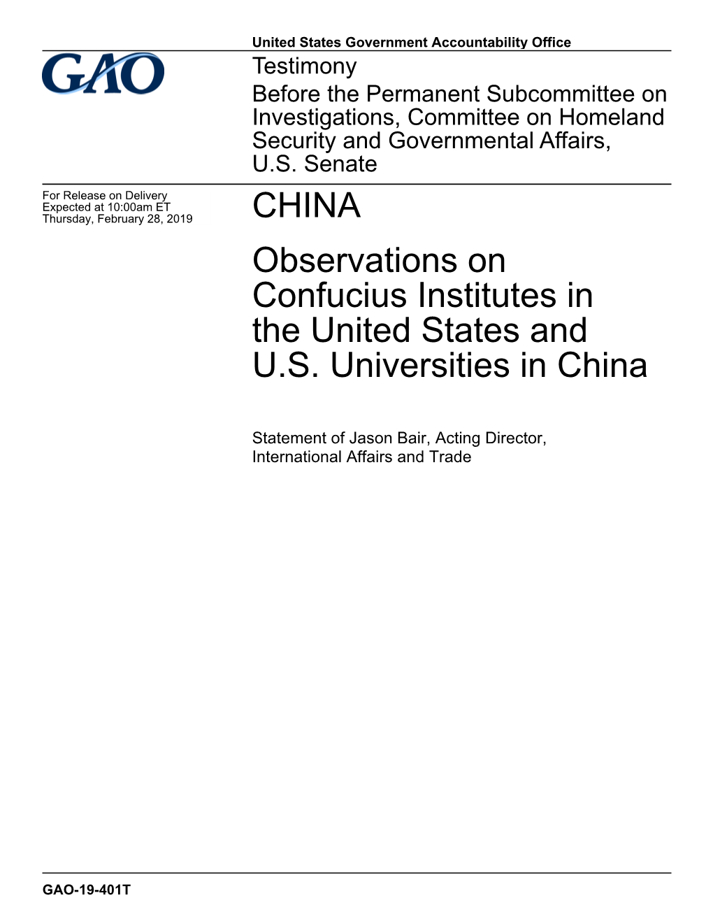 CHINA Observations on Confucius Institutes in the United States and U.S