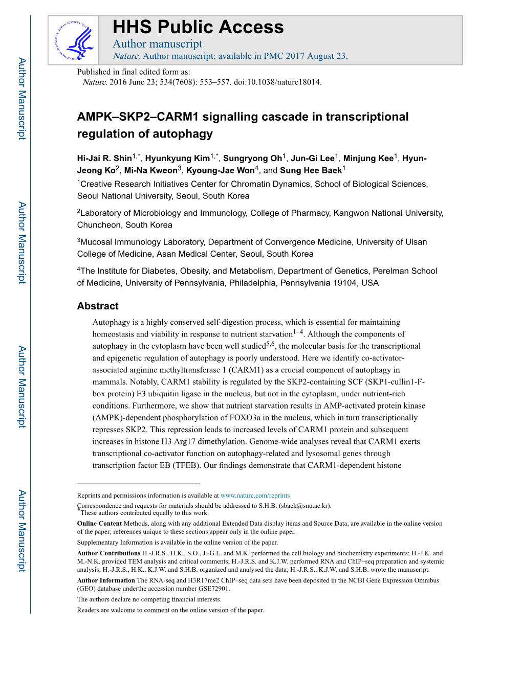 AMPK–SKP2–CARM1 Signalling Cascade in Transcriptional Regulation of Autophagy