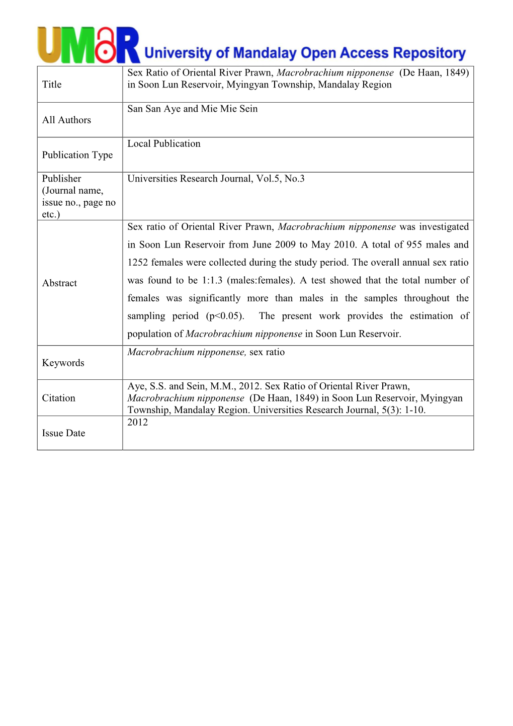 Title Sex Ratio of Oriental River Prawn, Macrobrachium Nipponense (De