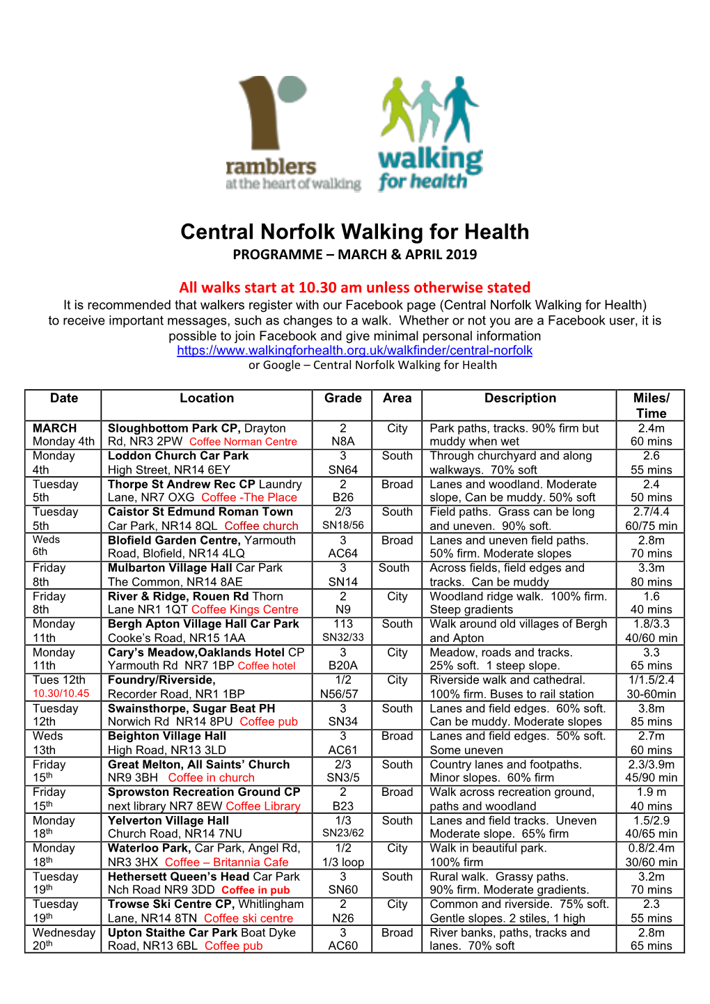 Central Norfolk Walking for Health PROGRAMME – MARCH & APRIL 2019