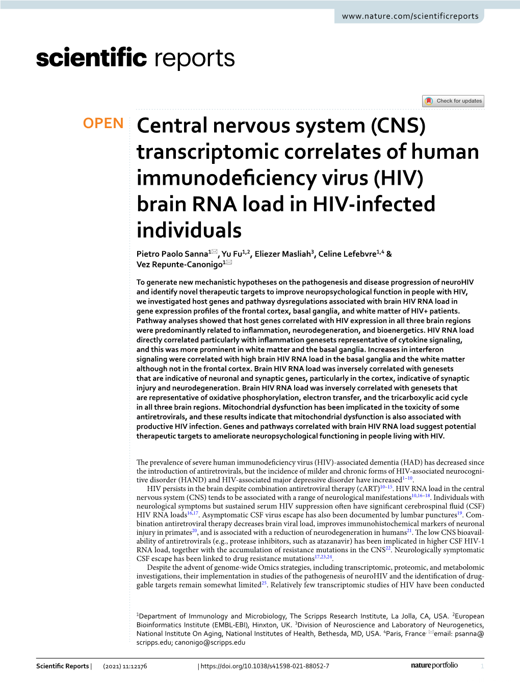 Central Nervous System (CNS) Transcriptomic Correlates of Human