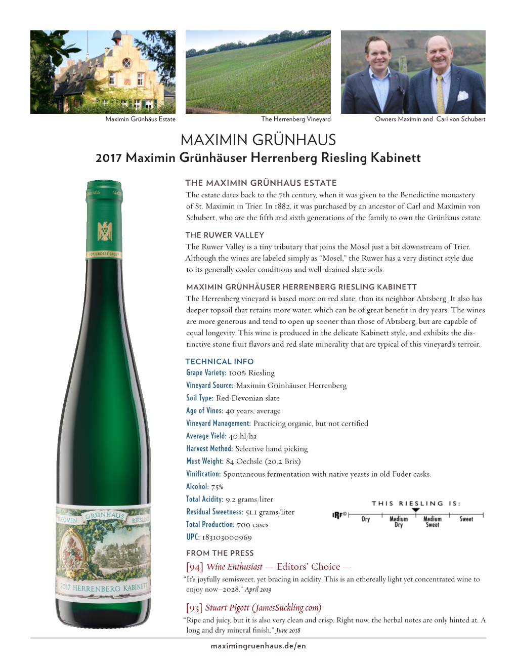 MAXIMIN GRÜNHAUS 2017 Maximin Grünhäuser Herrenberg Riesling Kabinett