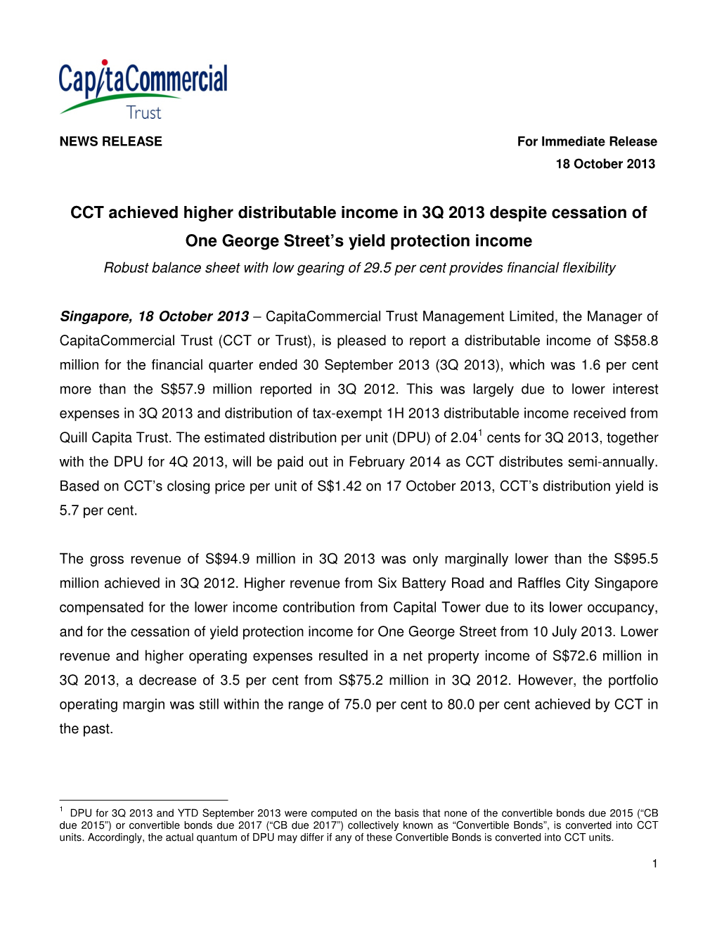 CCT Achieved Higher Distributable Income in 3Q 2013 Despite Cessation of One George Street's Yield Protection Income