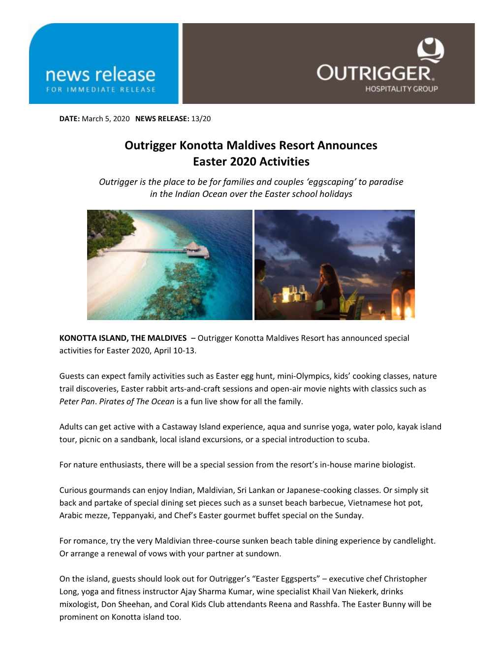 Outrigger Konotta Maldives Resort Announces Easter 2020 Activities