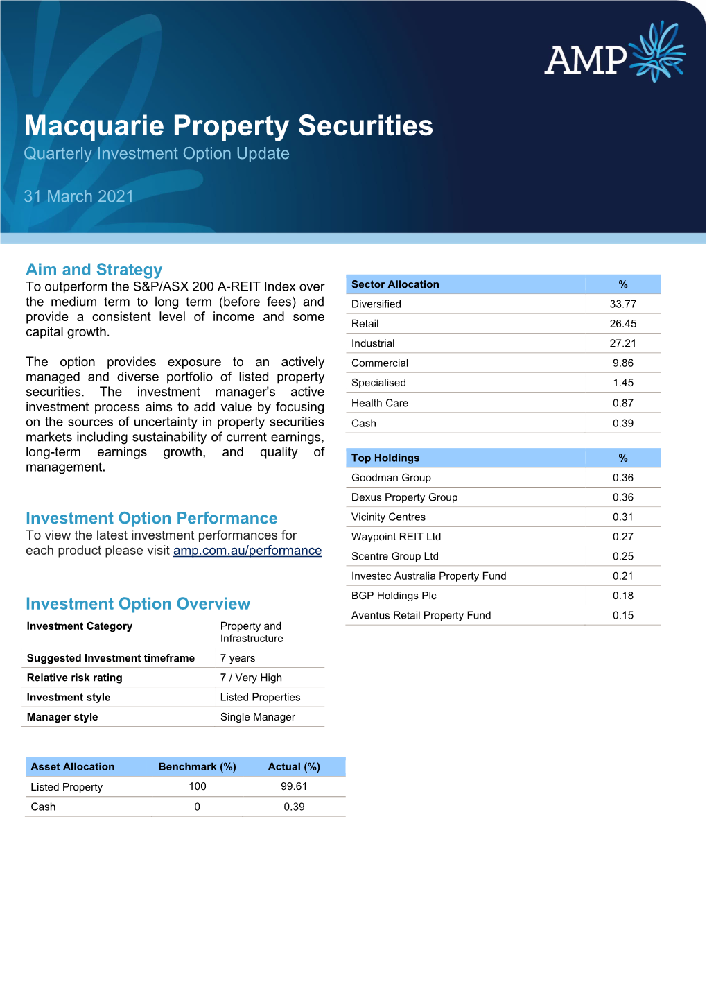 Macquarie Property Securities Quarterly Investment Option Update