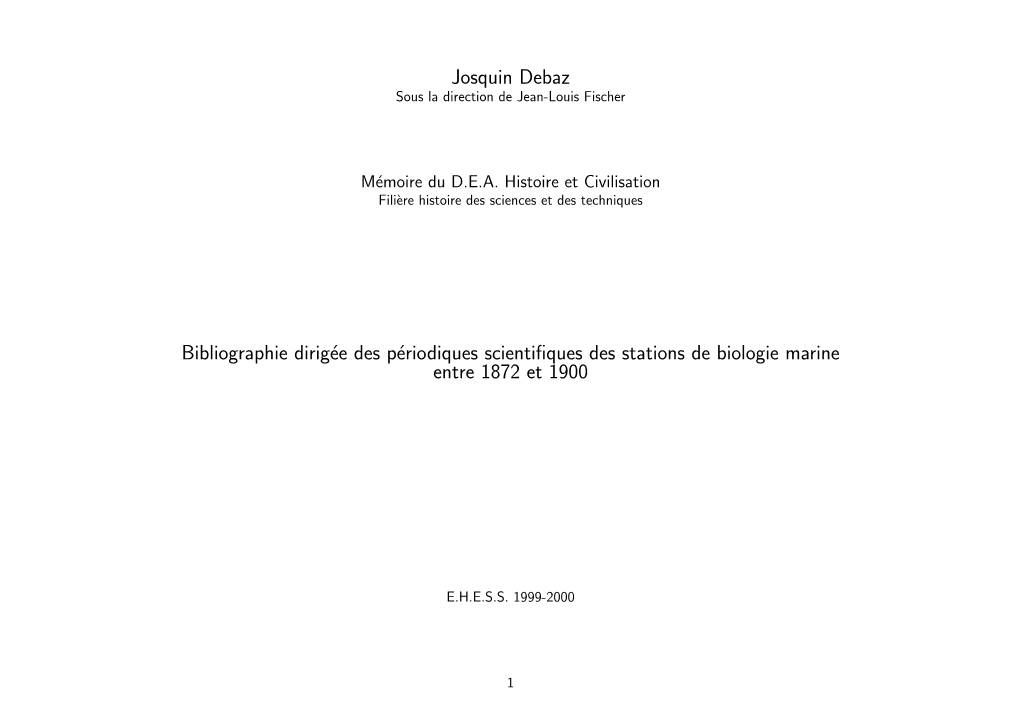 Bibliographie Dirigée Des Périodiques Scientifiques Des Stations De Biologie Marine Entre 1872 Et 1900