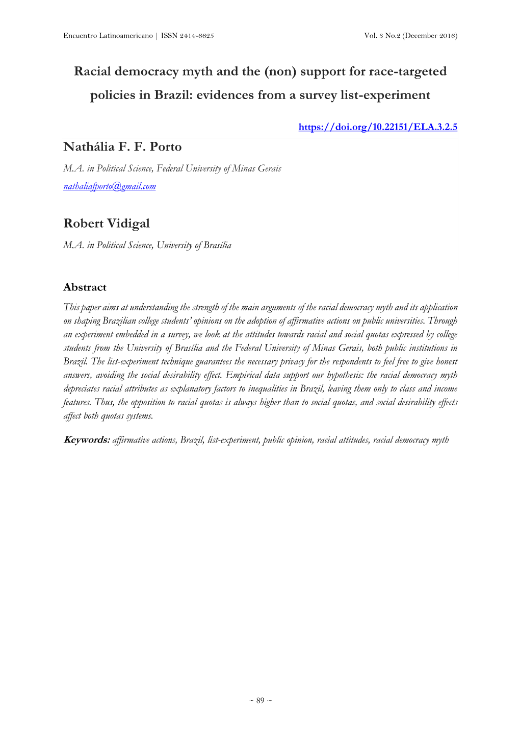 Racial Democracy Myth and the (Non) Support for Race-Targeted Policies in Brazil: Evidences from a Survey List-Experiment