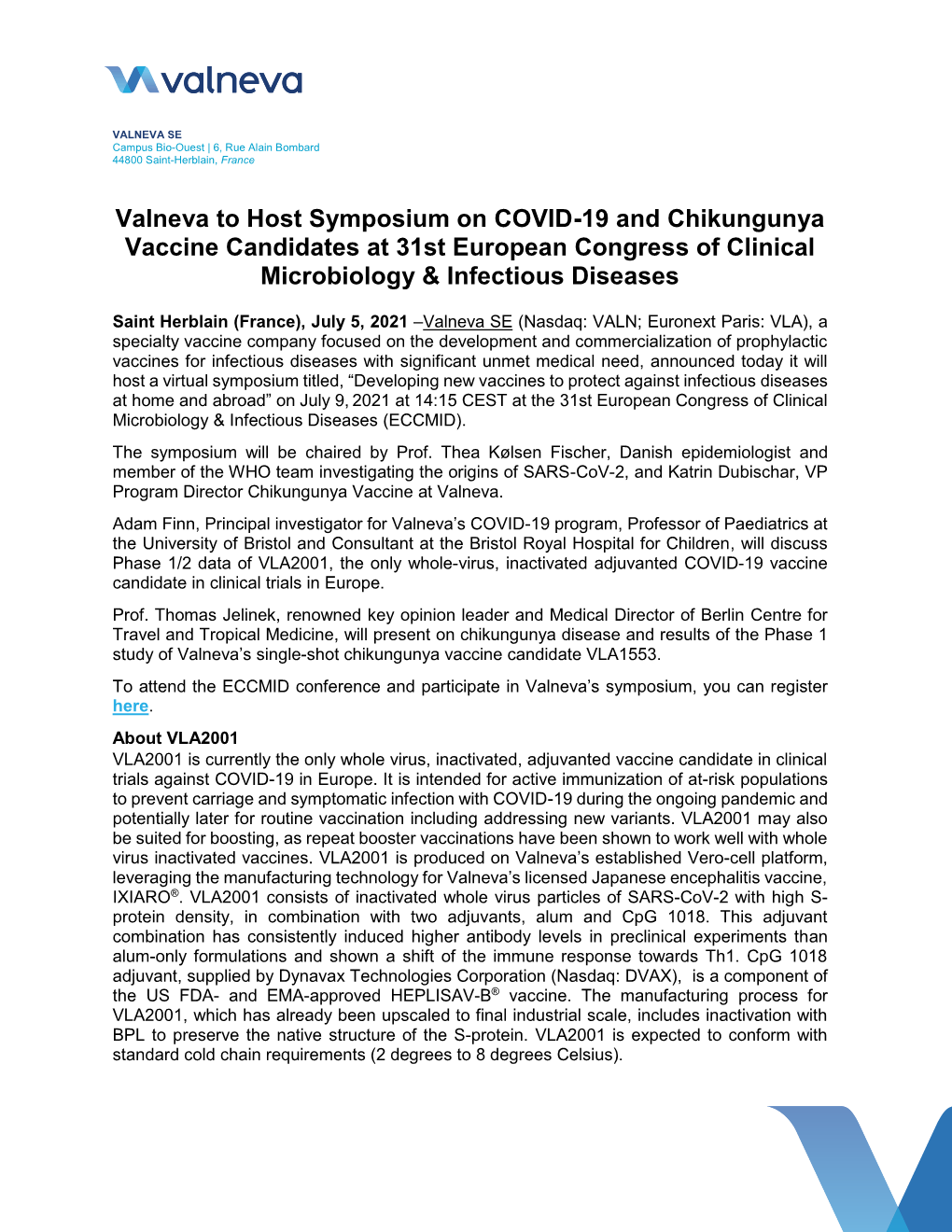 Valneva to Host Symposium on COVID-19 and Chikungunya Vaccine Candidates at 31St European Congress of Clinical Microbiology &