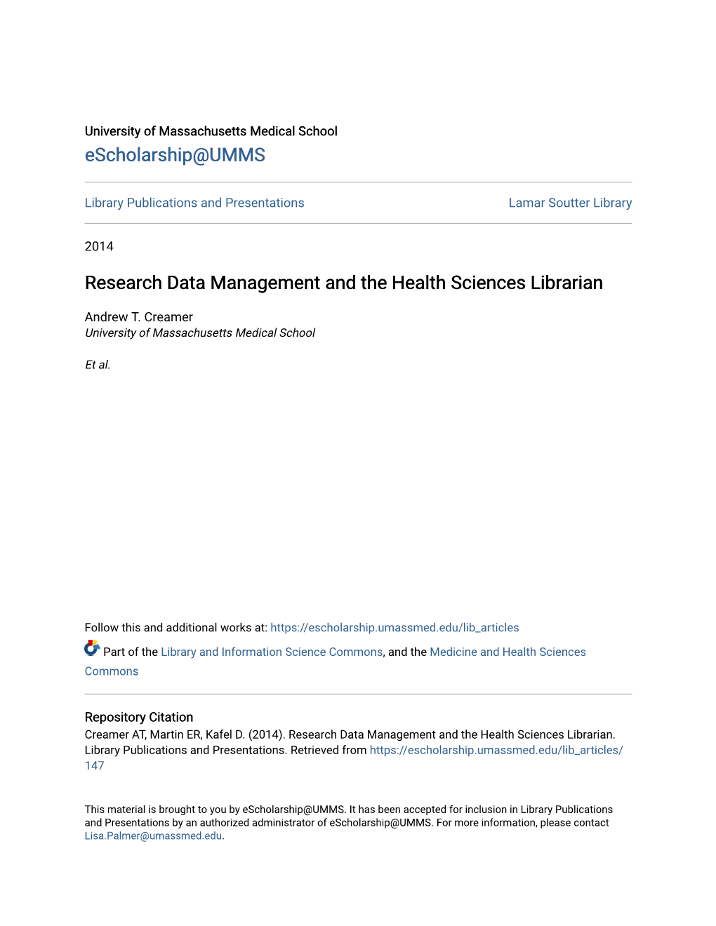 Research Data Management and the Health Sciences Librarian