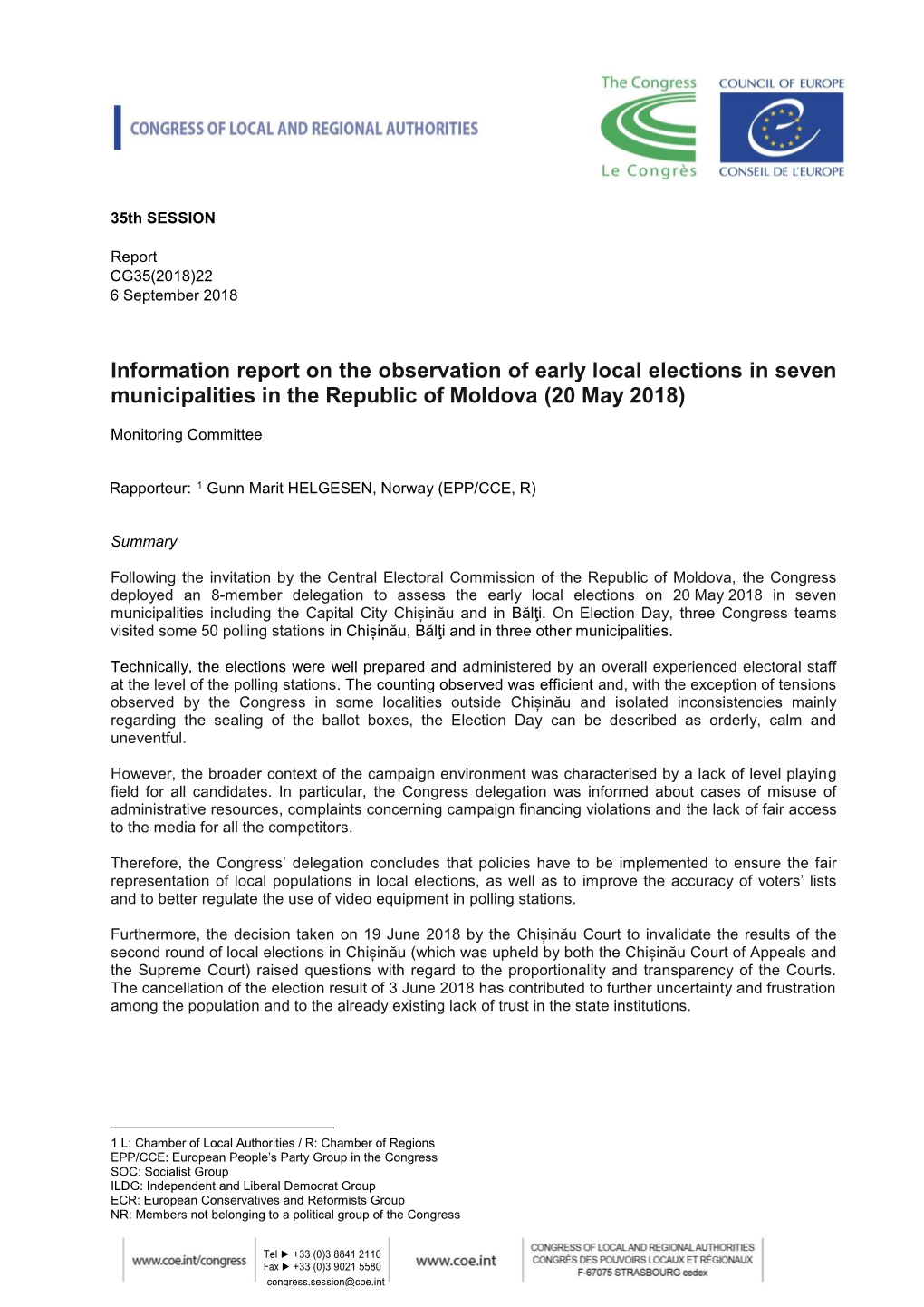 Information Report on the Observation of Early Local Elections in Seven Municipalities in the Republic of Moldova (20 May 2018)
