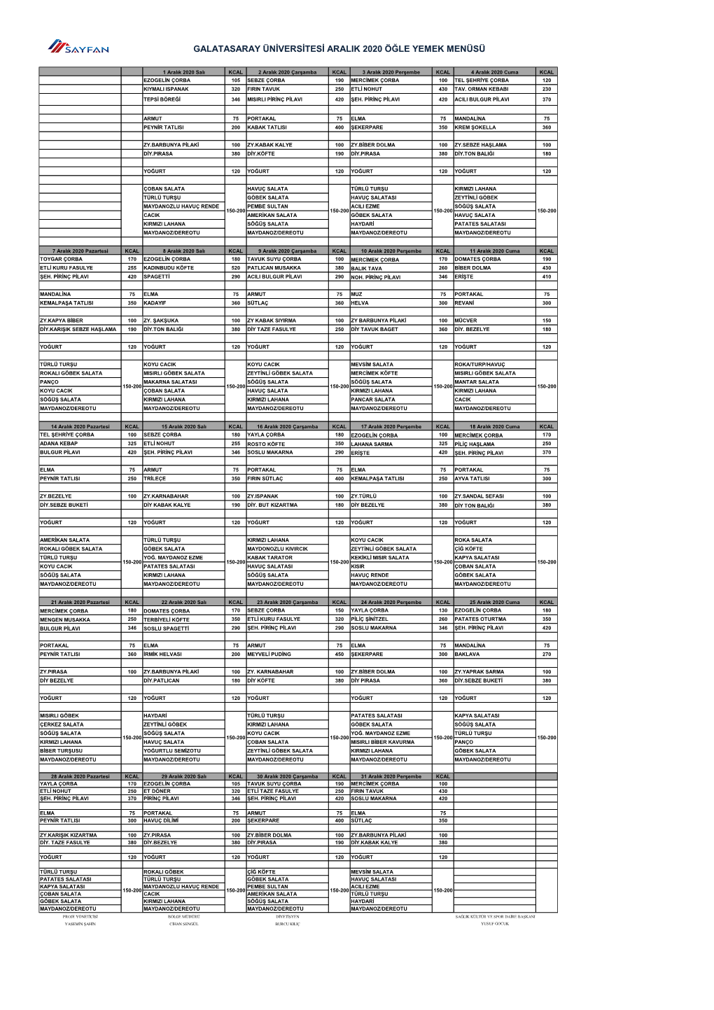 Galatasaray Üniversitesi Aralik 2020 Öğle Yemek Menüsü