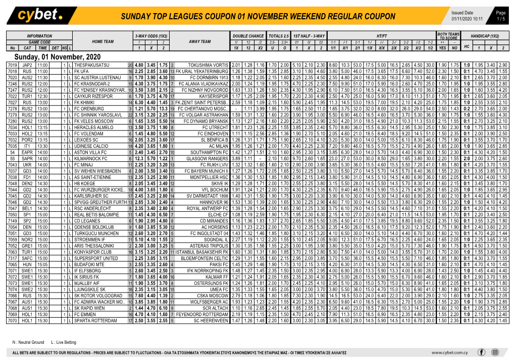 Sunday Top Leagues Coupon 01 November Weekend Regular Coupon 01/11/2020 10:11 1 / 5