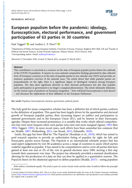 European Populism Before the Pandemic: Ideology, Euroscepticism, Electoral Performance, and Government Participation of 63 Parties in 30 Countries