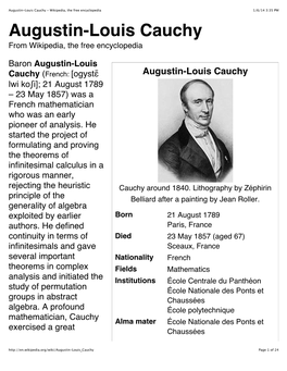 Augustin-Louis Cauchy - Wikipedia, the Free Encyclopedia 1/6/14 3:35 PM Augustin-Louis Cauchy from Wikipedia, the Free Encyclopedia