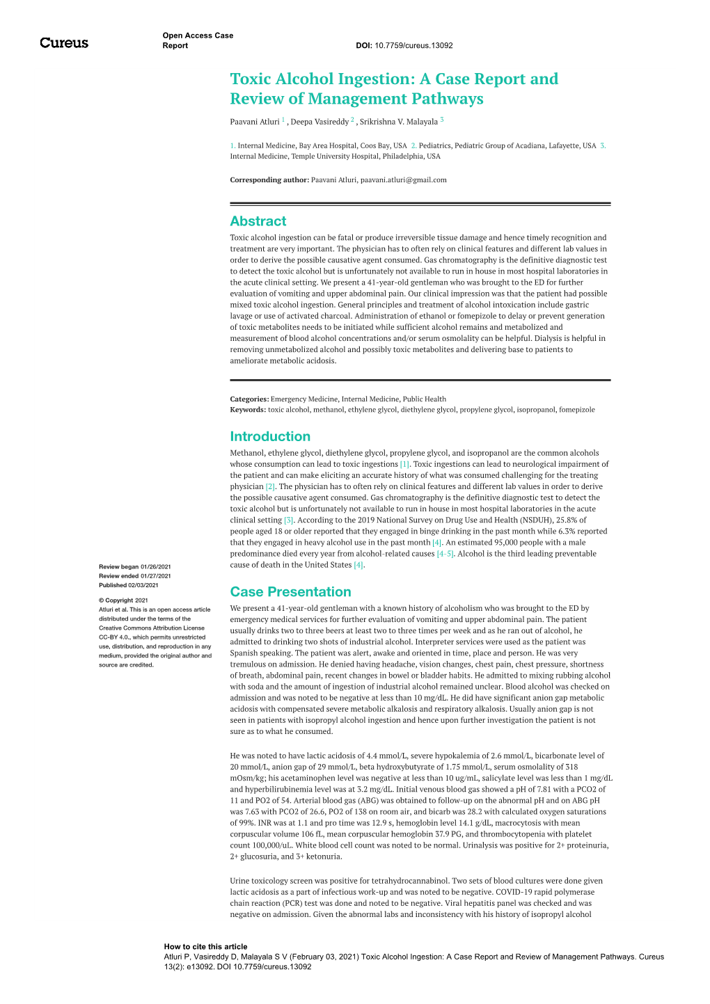 Toxic Alcohol Ingestion: a Case Report and Review of Management Pathways