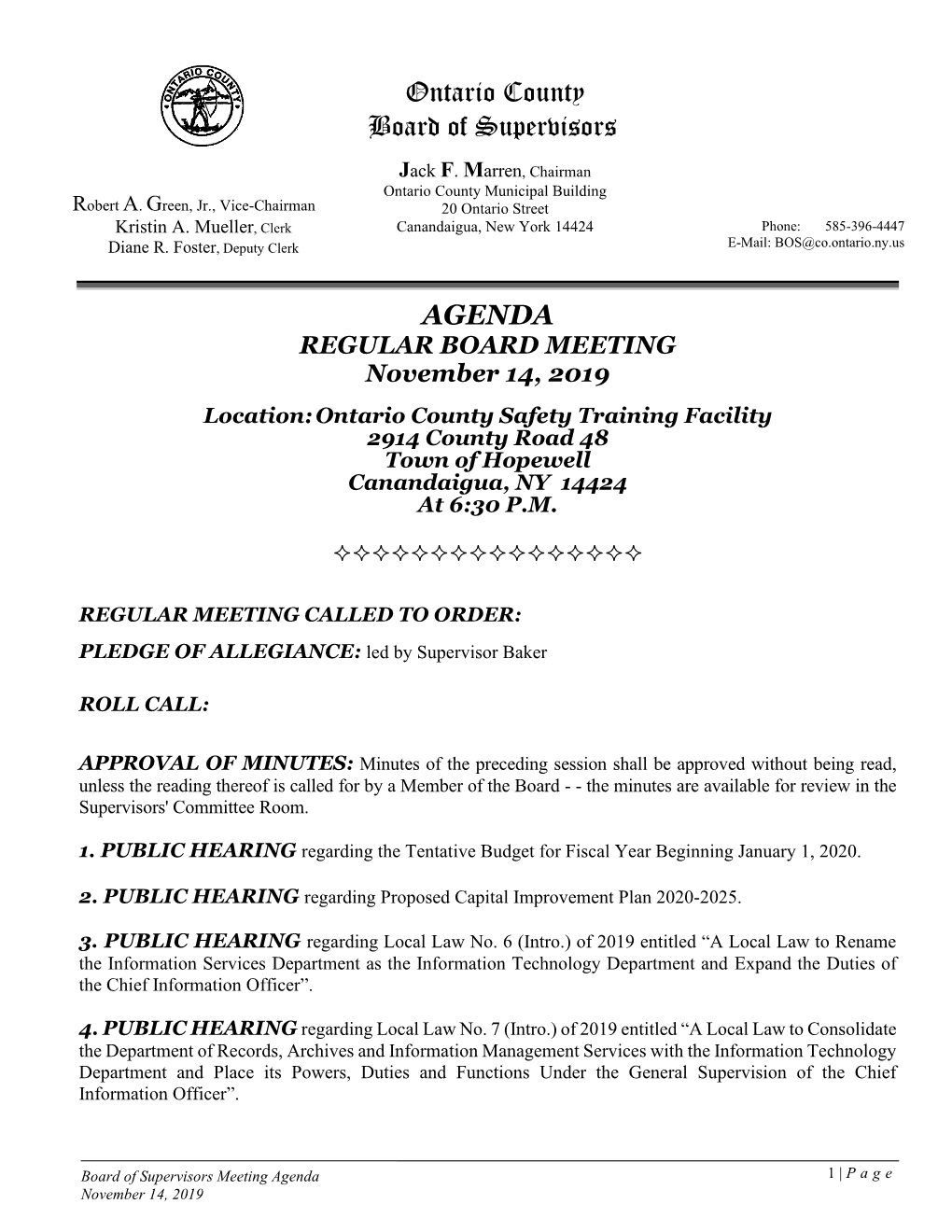 Ontario County Board of Supervisors AGENDA