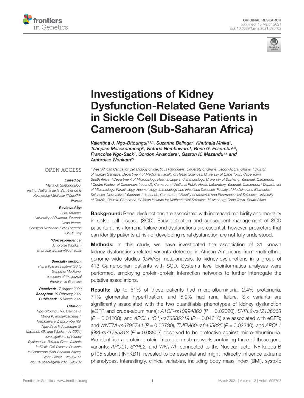 Investigations of Kidney Dysfunction-Related Gene Variants in Sickle Cell Disease Patients in Cameroon (Sub-Saharan Africa)