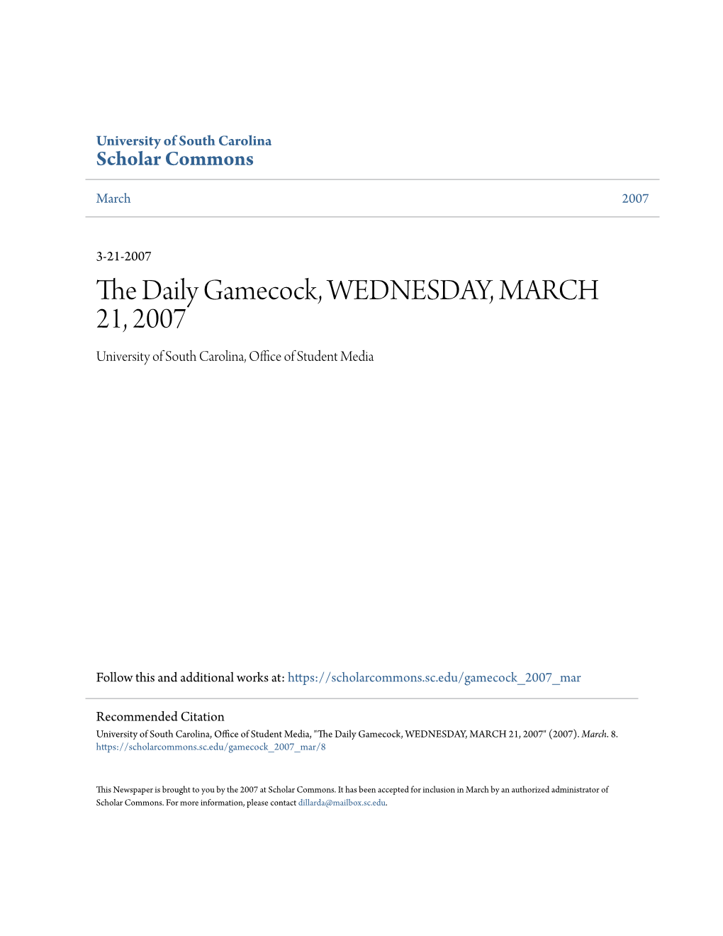 The Daily Gamecock, WEDNESDAY, MARCH 21, 2007