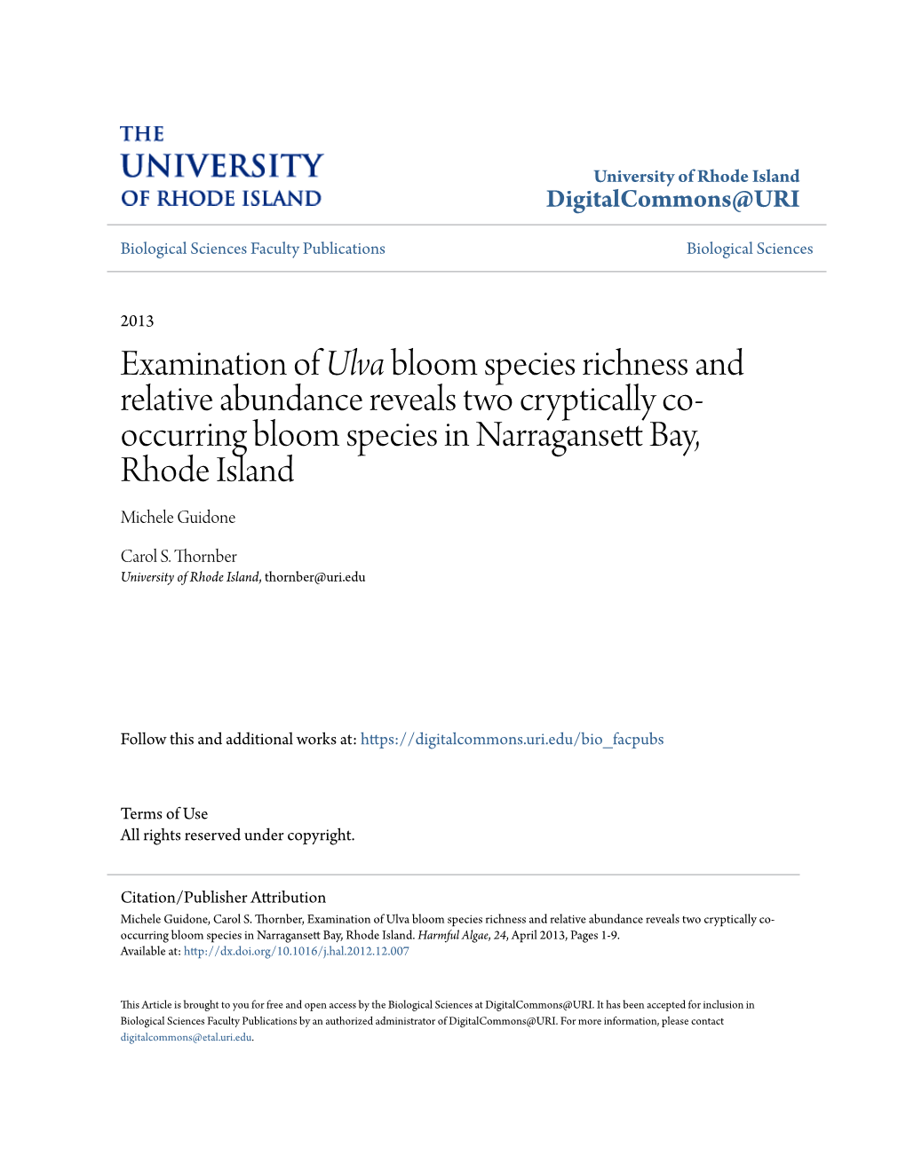 Examination of Ulva Bloom Species Richness and Relative Abundance