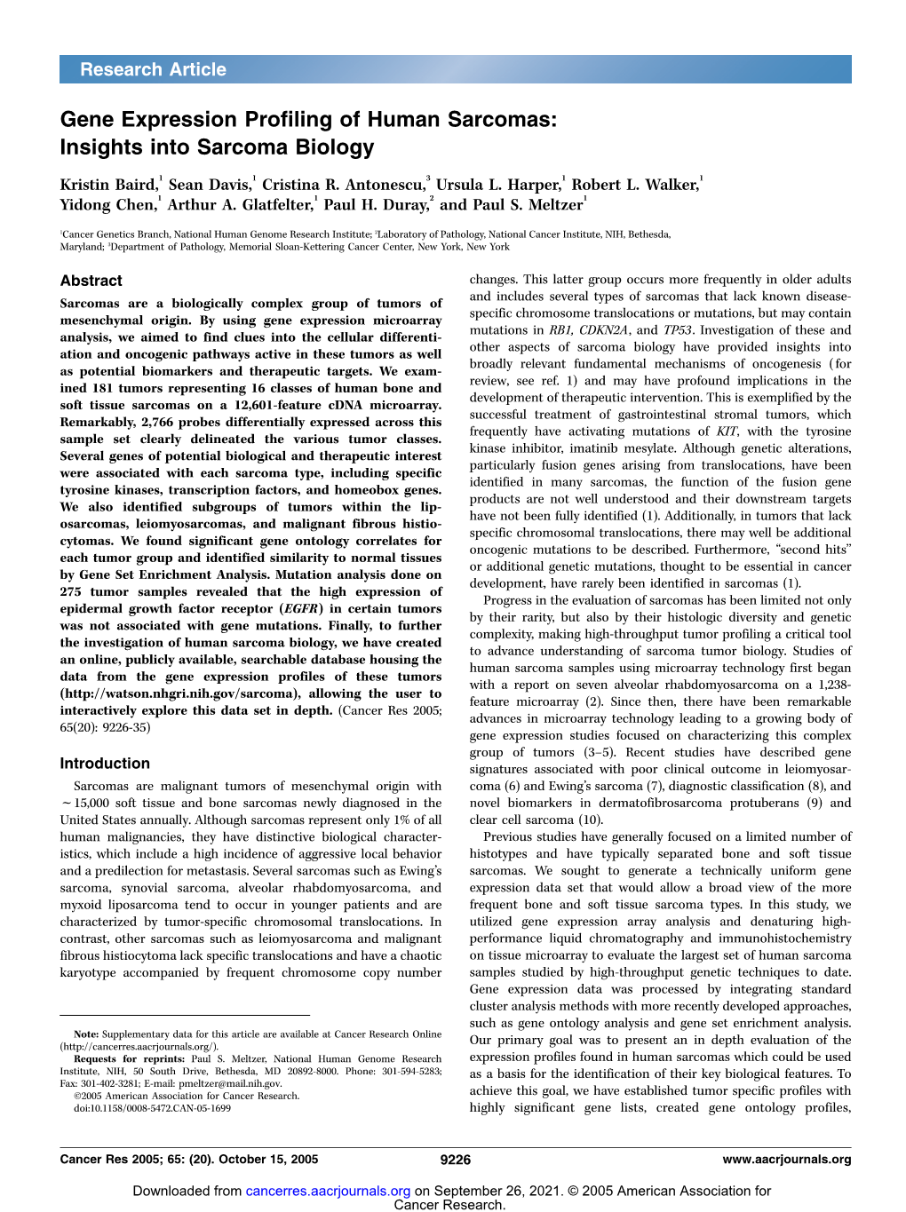 Gene Expression Profiling of Human Sarcomas: Insights Into Sarcoma Biology