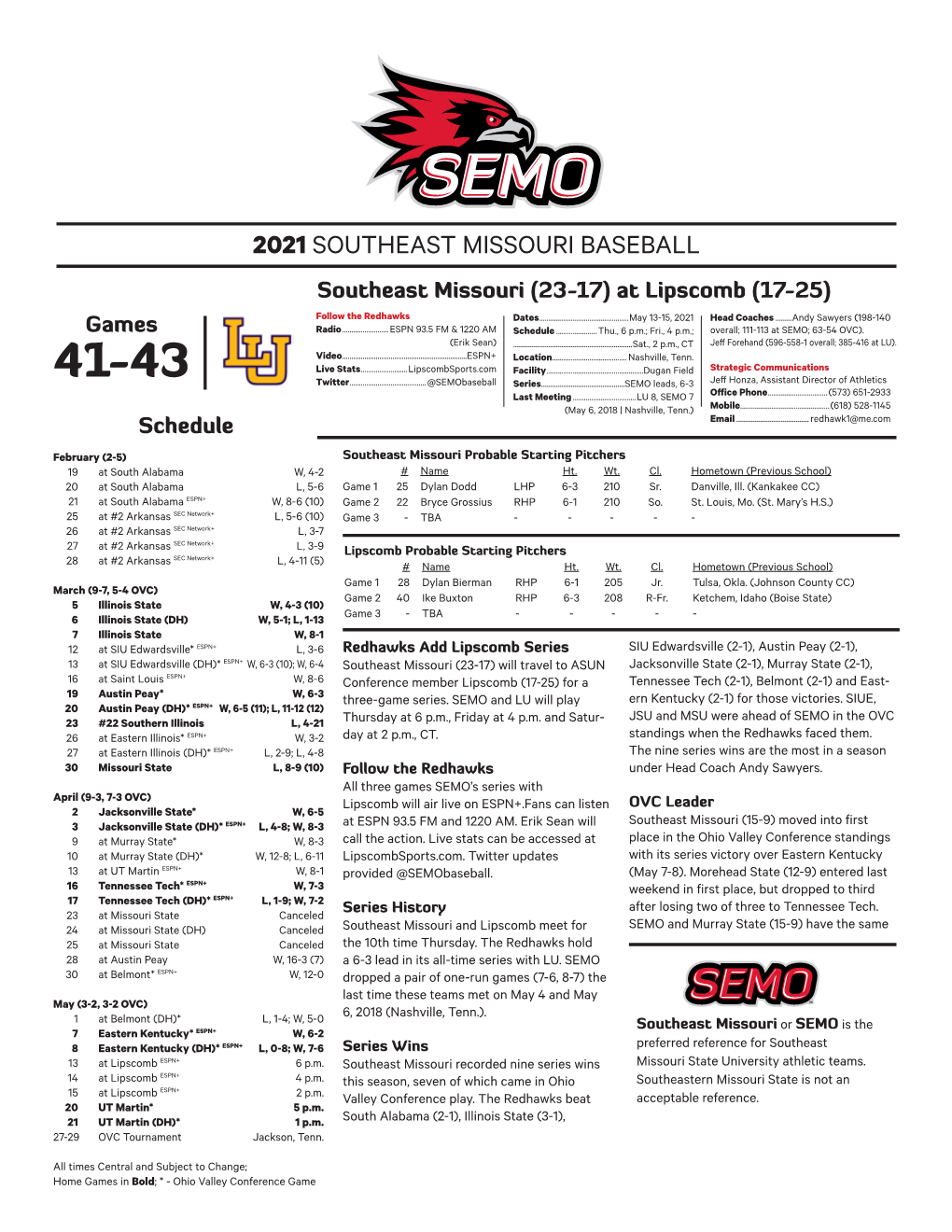 2021 SOUTHEAST MISSOURI BASEBALL Southeast Missouri (23-17) at Lipscomb (17-25) Follow the Redhawks Dates