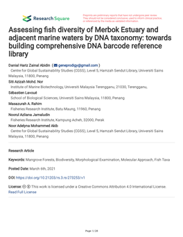 Assessing Sh Diversity of Merbok Estuary and Adjacent Marine Waters