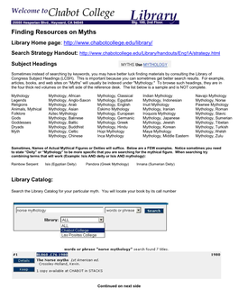 Finding Resources on Myths Library Home Page