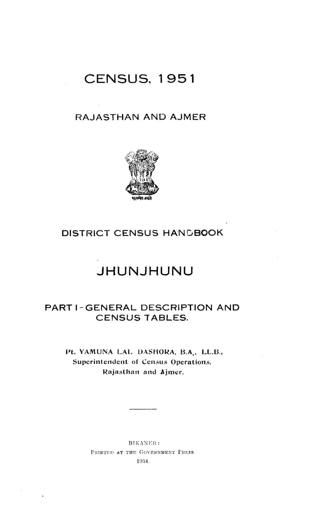 District Census Handbook, 7-Jhunjhunu, Part I, Rajasthan And