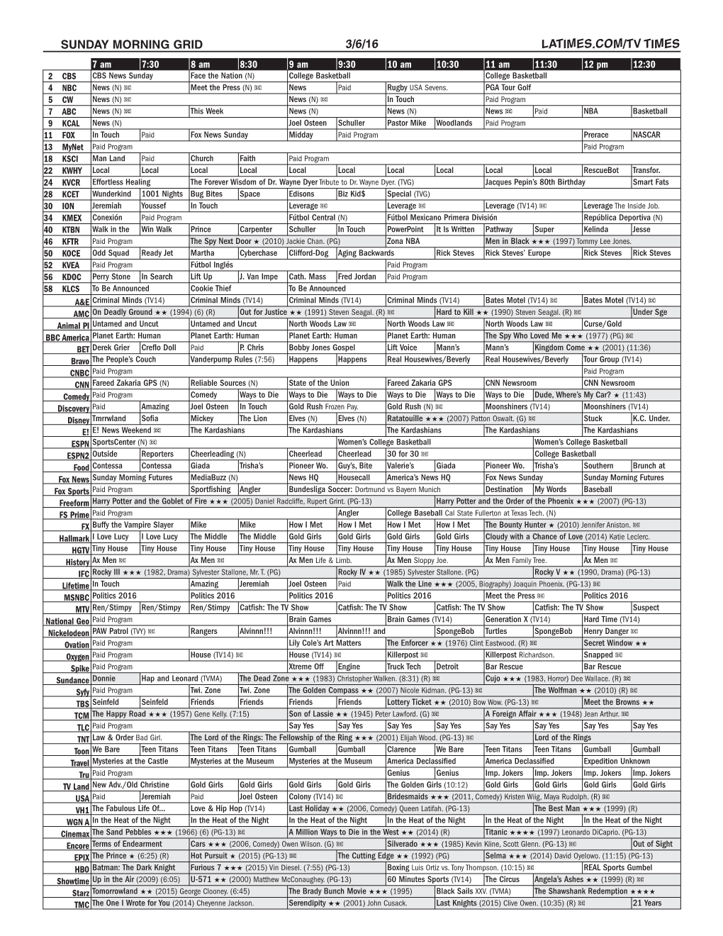 Sunday Morning Grid 3/6/16 Latimes.Com/Tv Times